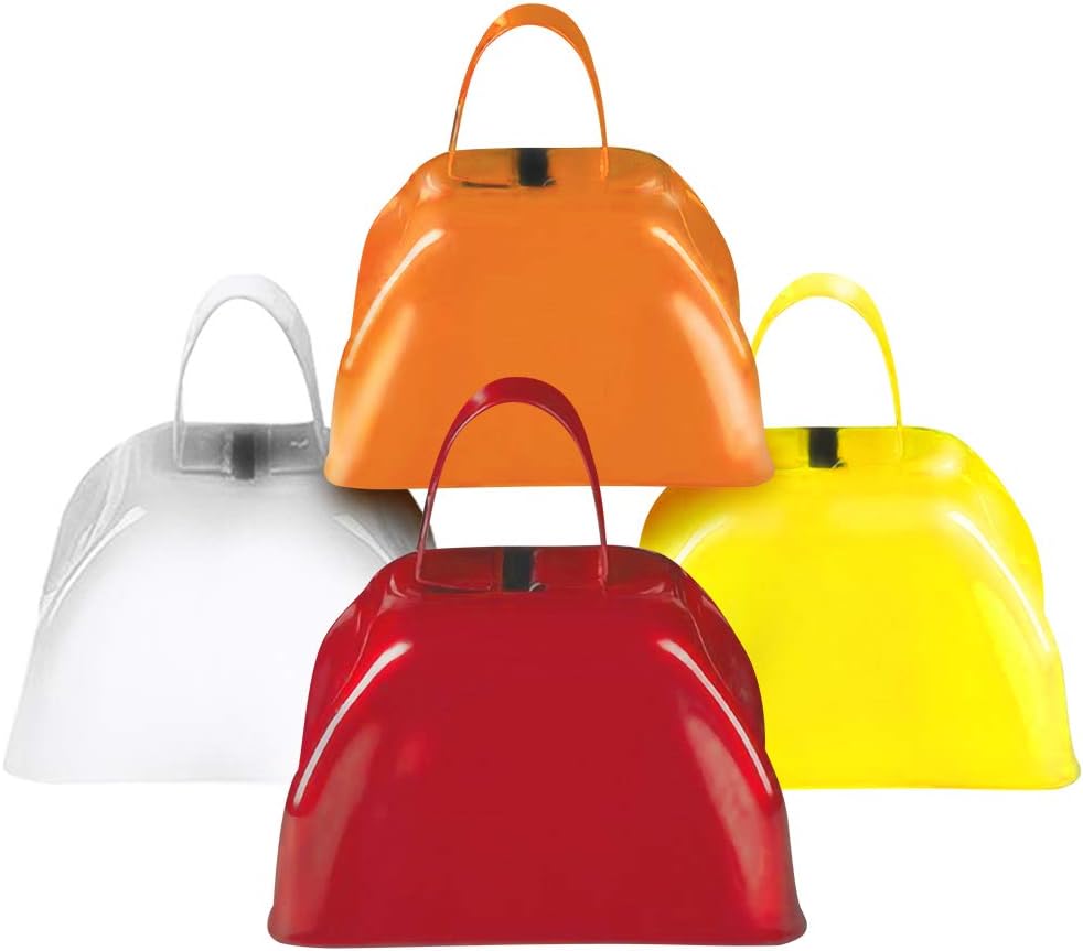 ArtCreativity 3 Inch Metal Cowbells Set - Pack of 4 - Loud Metal Cowbell Noisemakers with Handles - Red, Orange, Yellow and White Cowbell Set, Great for Football Games, Sporting Events, New Year’s Eve