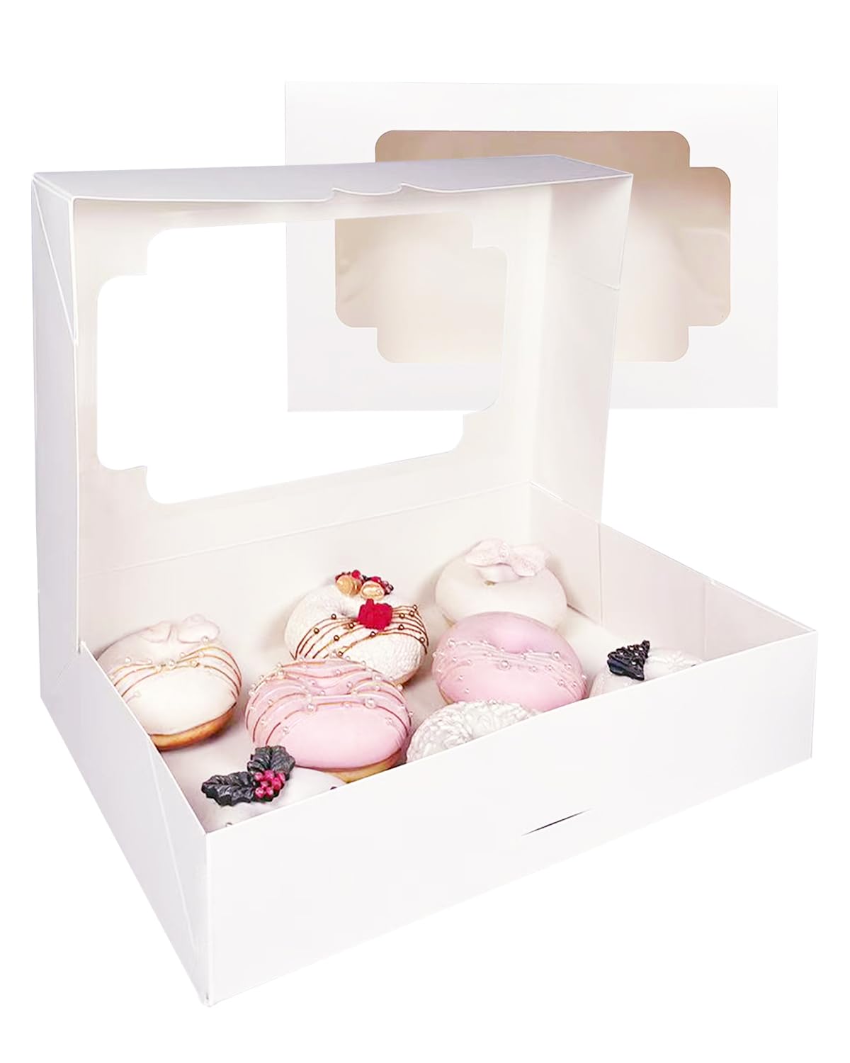 qiqee Auto-pop up White Cookie Box with Window 12x8x2.5 inch 32 Packs Two Uses One Second Folding Pastry Biscuit Bakery Box for Packaging