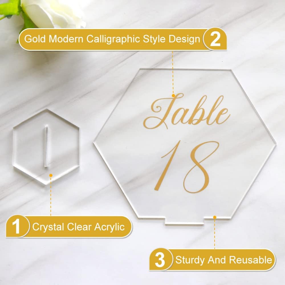OurWarm Large Acrylic Wedding Table Numbers 1-20, Gold Printed Calligraphy Place Cards with Stand, Hexagon Multi-functional Clear Acrylic Sign and Holder, Ideal for Wedding Reception Events