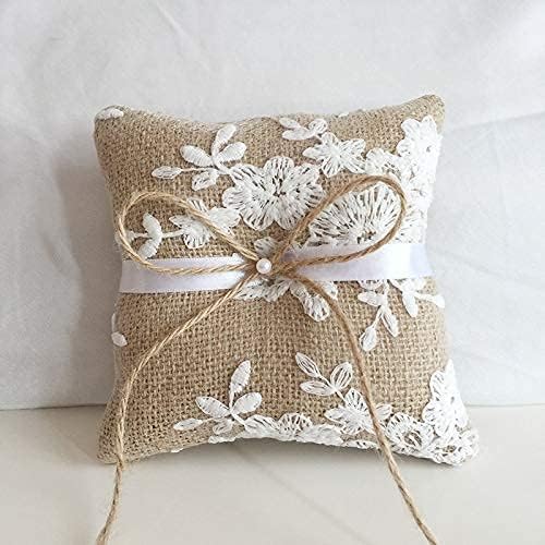 Ring Bearer Pillows Lace Bow Flower for Fall Wedding Ceremony with Vintage Rustic Lace Bow Pearl Embroidered Flower Ribbon (6 inch)