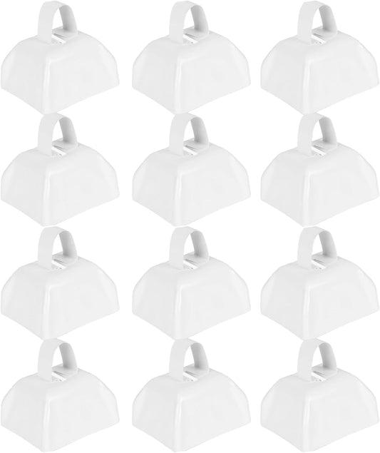 Cow Bells Noise Makers for Sporting Events: 12 Pcs Small White Cowbells with Handle Loud Bells Bulk - Metal Cheering Bell Hand Percussion for Football Games Graduation Weddings - White