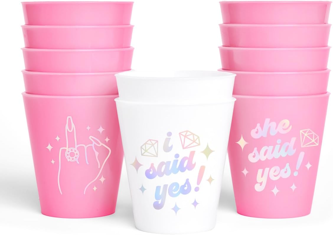 xo, Fetti Pink She Said Yes Shot Glasses - 12 Disposable 2 oz Cups | Ring Finger Bachelorette Decorations, Bridesmaid Drinkware, Engaged Drinkware