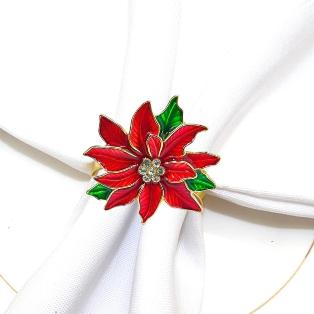 Poinsettia Napkin Rings Set of 6, Xmas Party Red Flower Napkin Holder Buckles, Thanksgiving Christmas Napkin Rings (Dark Red, One Size)