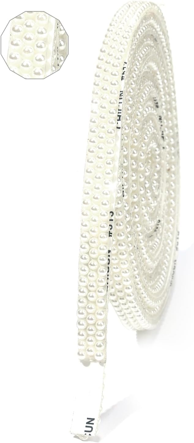 Off-White Pearls Ribbon 3 Yards Self Adhesive Pearls Strips Diamond Ribbon Sticker Crystal Roll Glitter Bling Rhinestones Tape for Crafting DIY Art Decoration (0.4 Inch)
