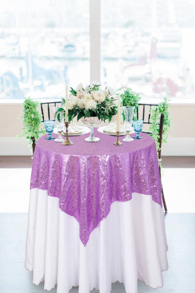 ShinyBeauty 36x36 Inch Sequin Tablecloth 2-Pack - Lilac Sparkle Table Overlay for Weddings, Birthdays, Parties, Lavender Shimmer Square Table Cover