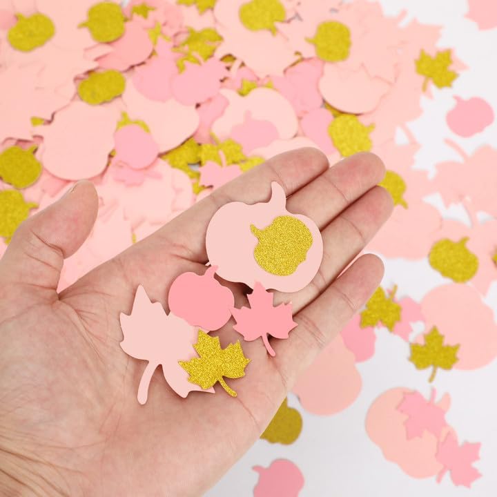 MARFOREVER 350 Pcs Fall Thanksgiving Pink and Gold Pumpkin Maple Leaf Confetti, Little Pumpkin Baby Shower Glitter Confetti Thanksgiving Table Decorations for Autumn Birthday Party Supplies