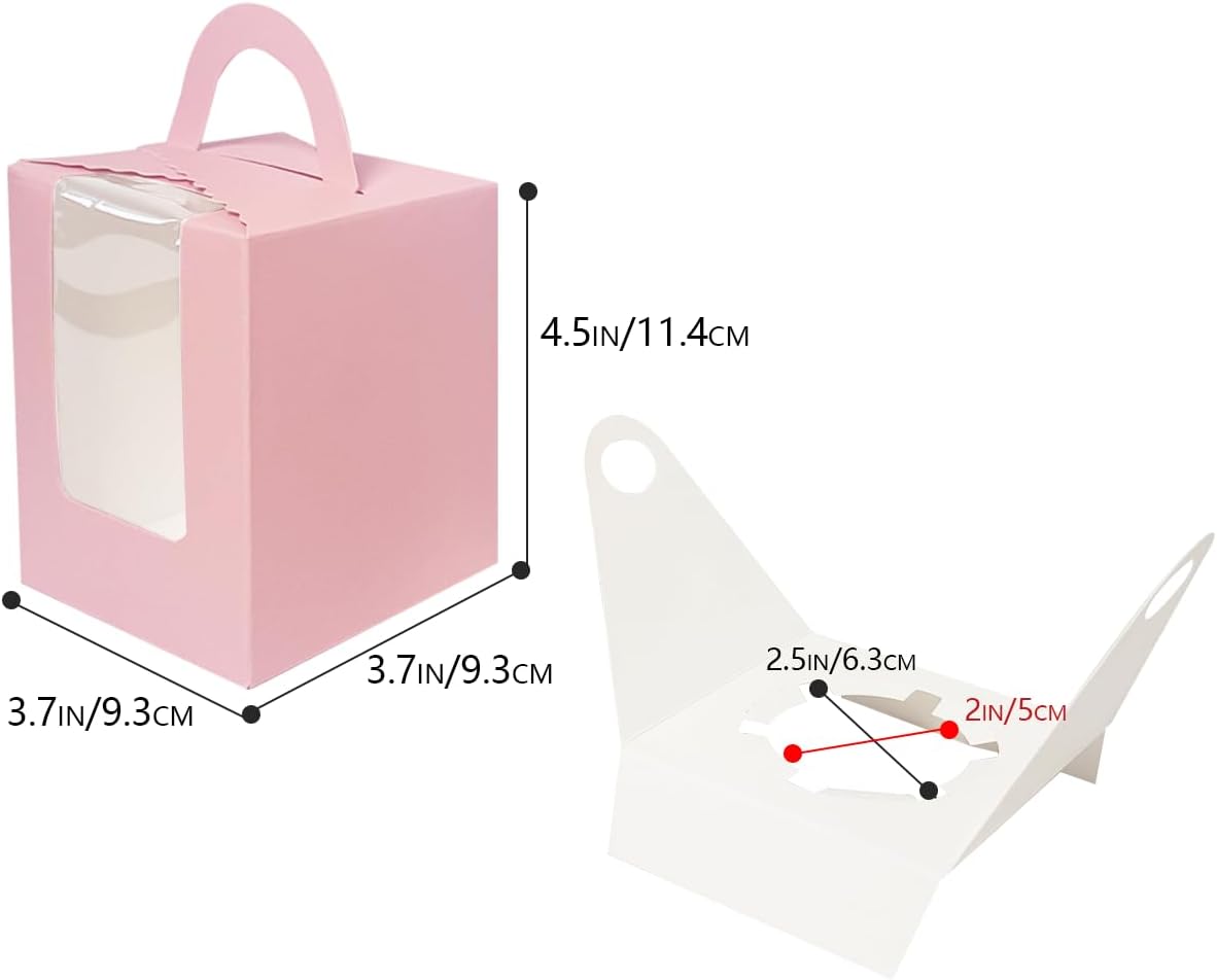 Bakepacker Auto-pop up Individual Cupcake Boxes with Window 25 Count Pink Single Cupcakes Box 3.6 x 3.6 x 4.3inch Cupcake Carrier
