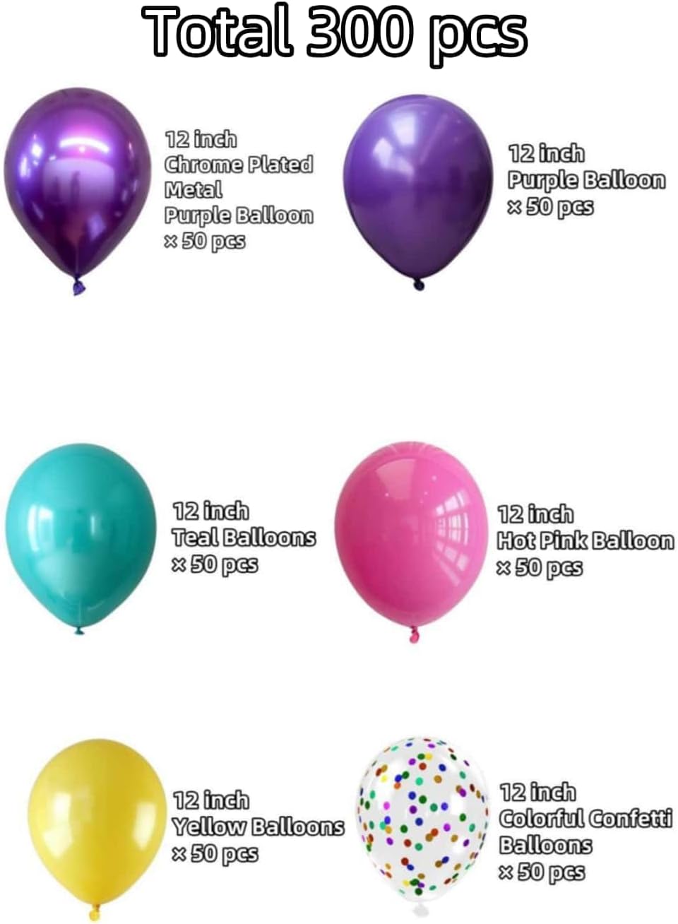 300 Pcs Mermaid Balloons Set, 12 Inches Purple Metallic Purple Teal Hot Pink Yellow Latex Balloons and Confetti Balloons for Birthday Mermaid thematic Party Decoration