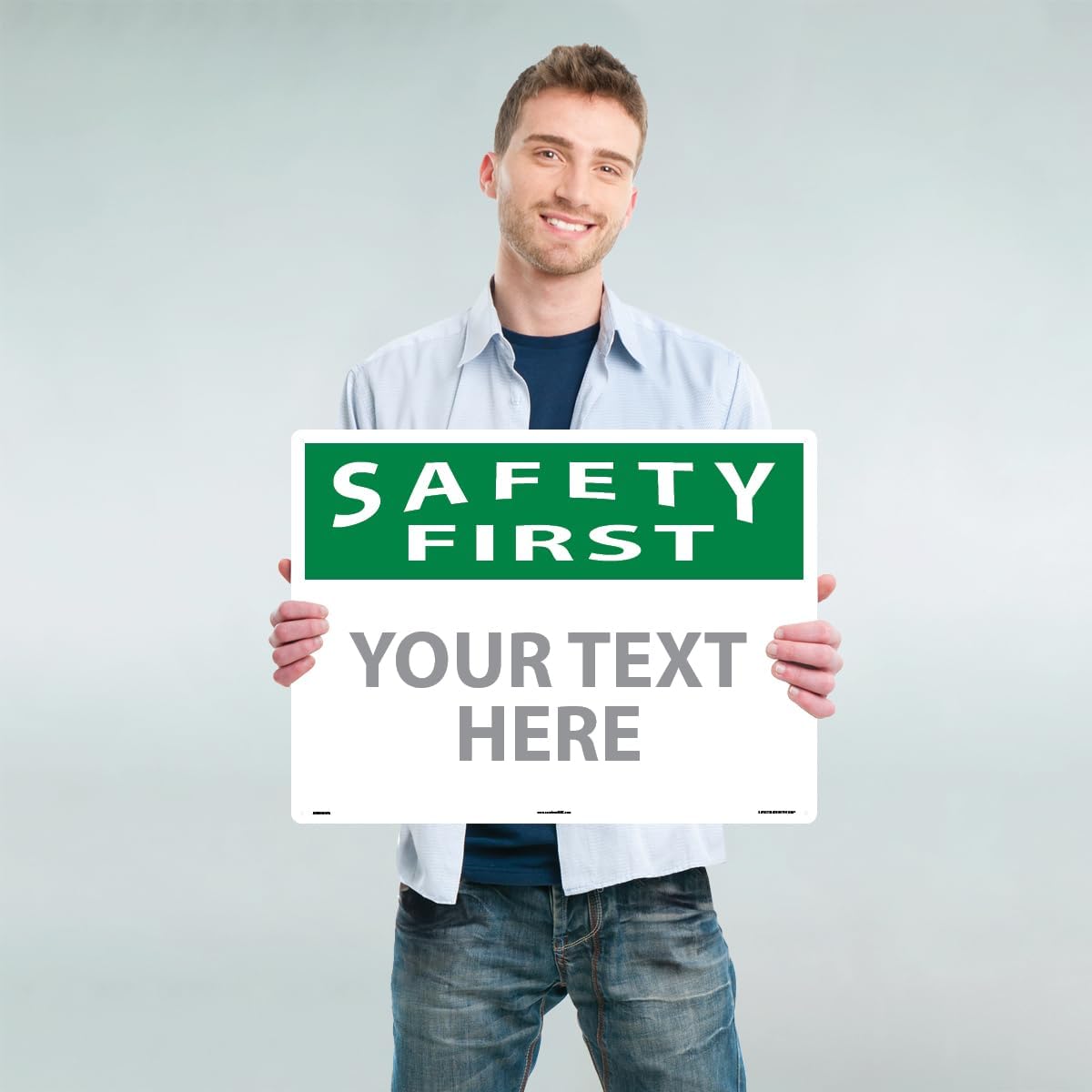 Custom OSHA Style Safety First Sign 18" x 24" Aluminum Sign, Customizable "Your Text Here", by AccuformNMC Made in USA