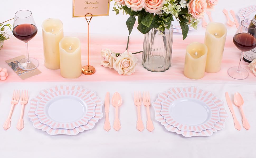 COLOSUS 150pcs Disposable Pink and White Stripped Plastic Plates and Silverware set, Light Pink Dinner/Dessert Plates silverware serve 30guests for Easter day, Wedding Party and Daily use.