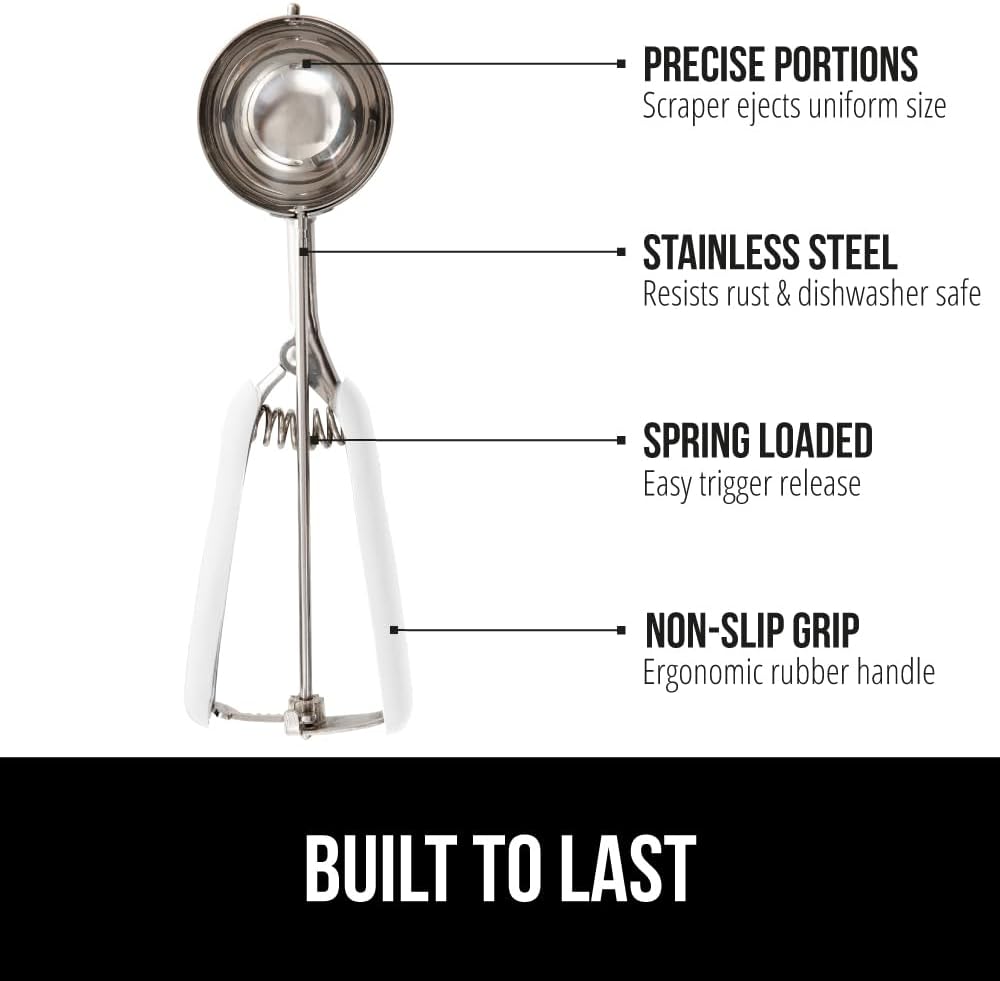 GORILLA GRIP Stainless Steel Multipurpose BPA-Free Spring Scoop, 2 TBSP, Melon Ballers, Cookie Dough Scoops, Perfect Portion Sizes, Easy Squeeze and Clean Release, Scooper Size 40, White