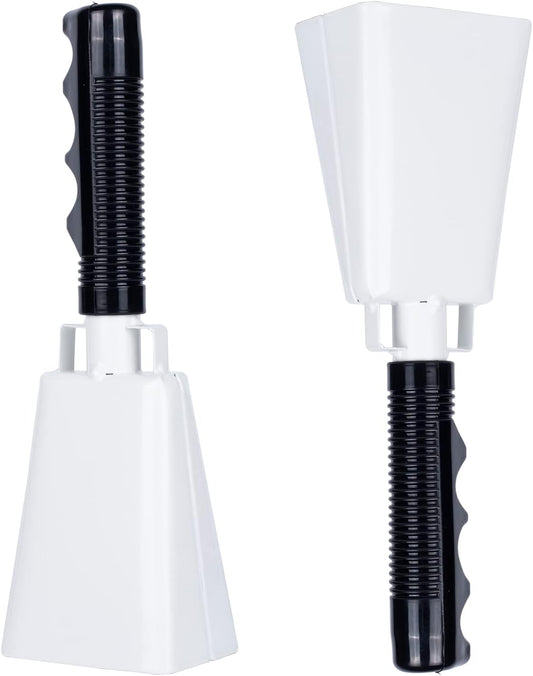 Steel Cowbell with Handle 8 Inch Cow Bells Noise Makers, 2 Pack Large Cowbells for Sporting Events, Hand Percussion Cowbells Cheering Bell for Football Game Party Concert Graduation School (White)
