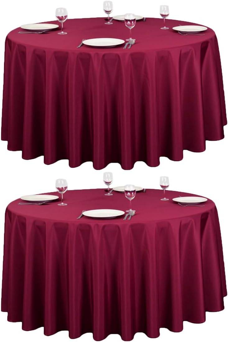 LTC LINENS 2 Pack 120 Inch Round Tablecloth Burgundy - Great for 60 Inch Round Table Floor Length - Washable, Wrinkle Resistant Polyester Fabric Cloth for Parties