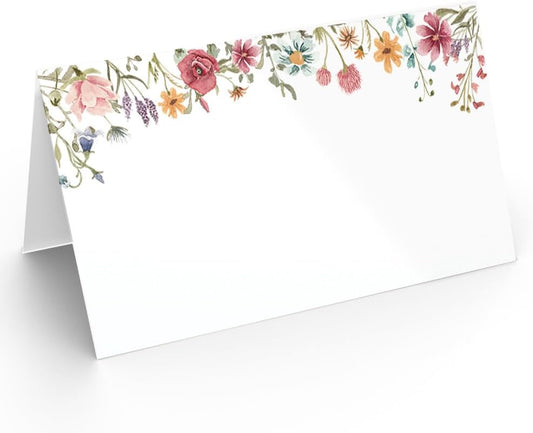 Printed Party Place Cards for Table Setting – Set of 25 Blank Name Cards – Wildflower Design for Weddings, Bridal Showers, Baby Showers, and Dinner Parties