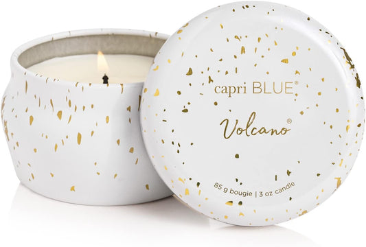 Capri Blue Glimmer Mini Tin - Volcano Scented Candle with Mini Tin Candle Holder - Soy Wax Blend - White and Gold (3 oz)