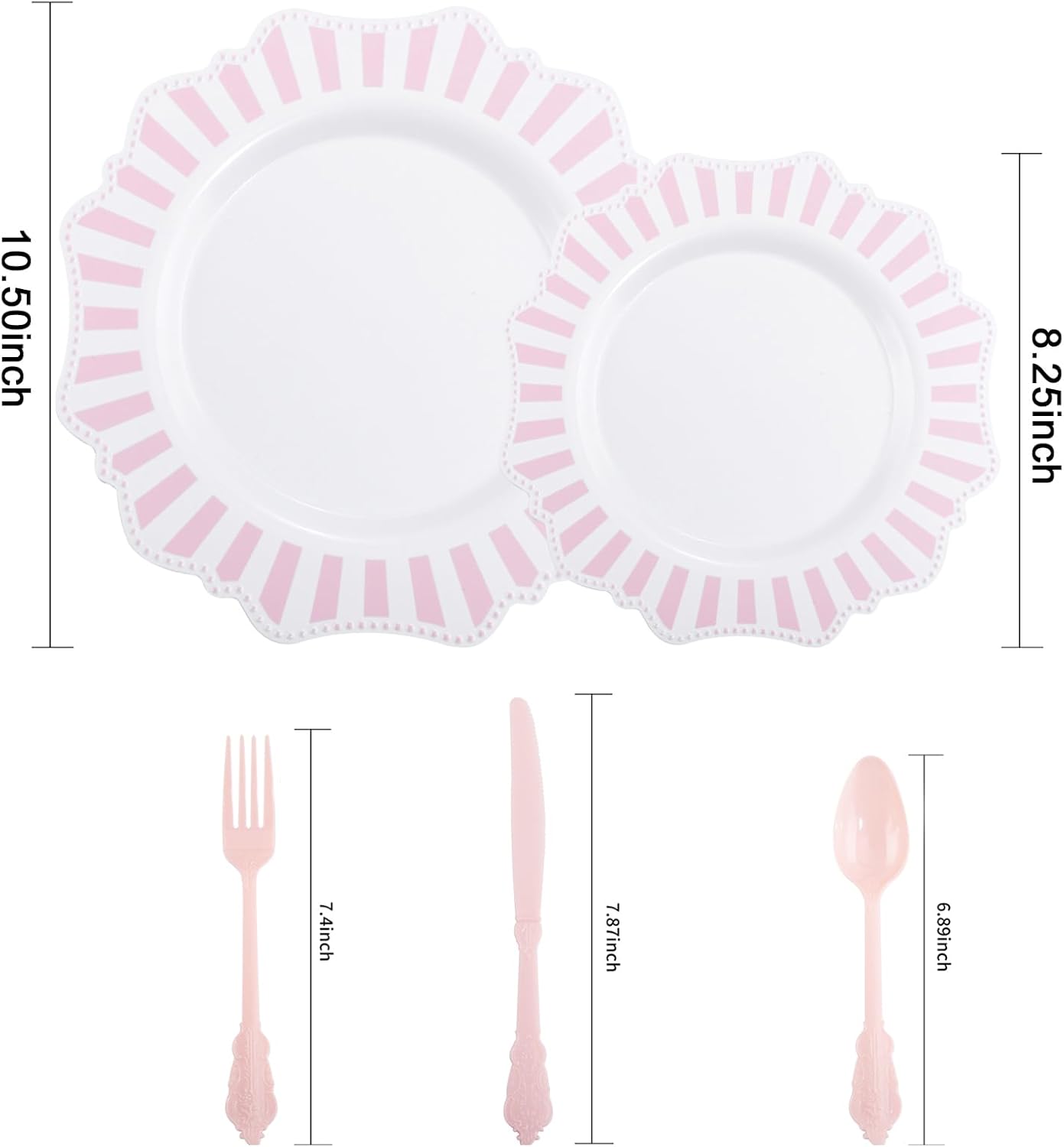 COLOSUS 150pcs Disposable Pink and White Stripped Plastic Plates and Silverware set, Light Pink Dinner/Dessert Plates silverware serve 30guests for Easter day, Wedding Party and Daily use.