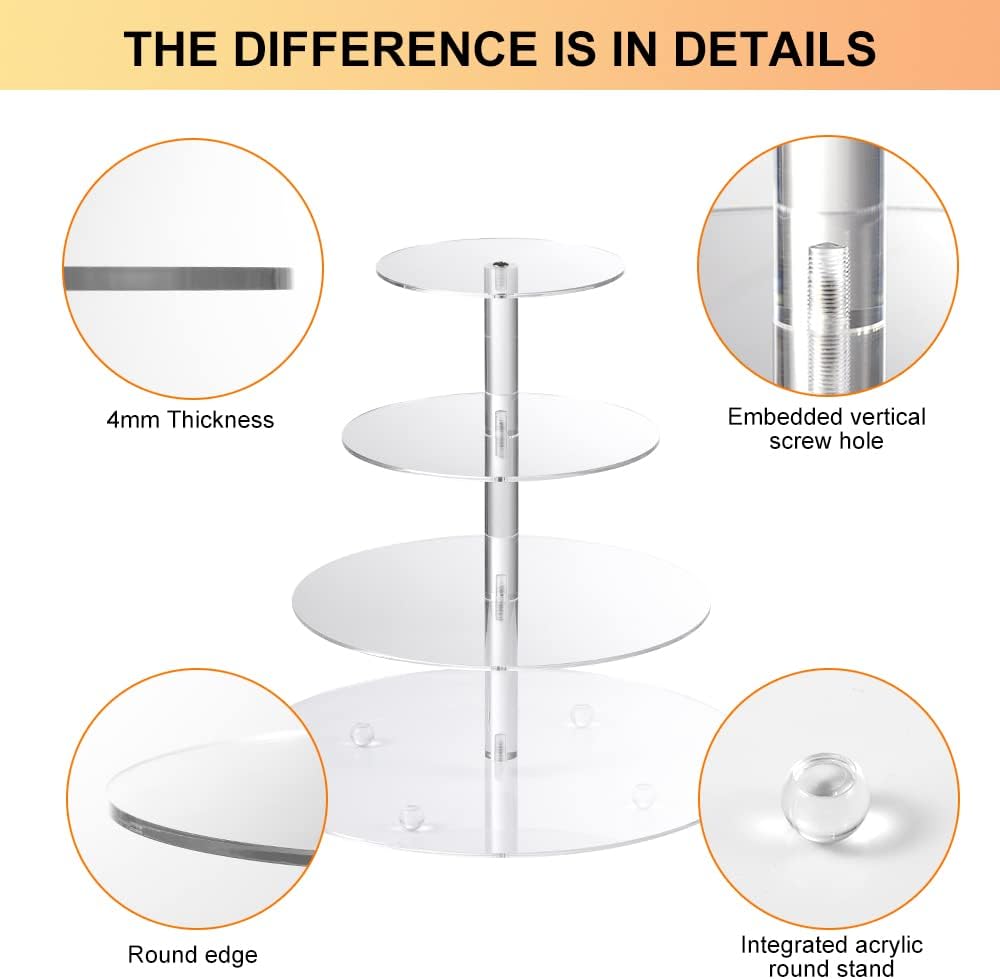 Boxalls Cupcake Stand, 4 Tier Round Acrylic Cupcake Display Stand Holder, Clear Dessert Pastry Tower for Wedding, Birthday, Theme Party, Baby Shower