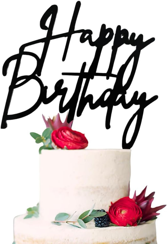 uraSigns Premium Acrylic Happy Birthday Cake Topper Gold, Mirror Finish, 6x6 Inches, 2.5mm Thick, Handmade Decorative Party Celebration Topper with Protective Film Perfect Keepsake (Acrylic, Black)