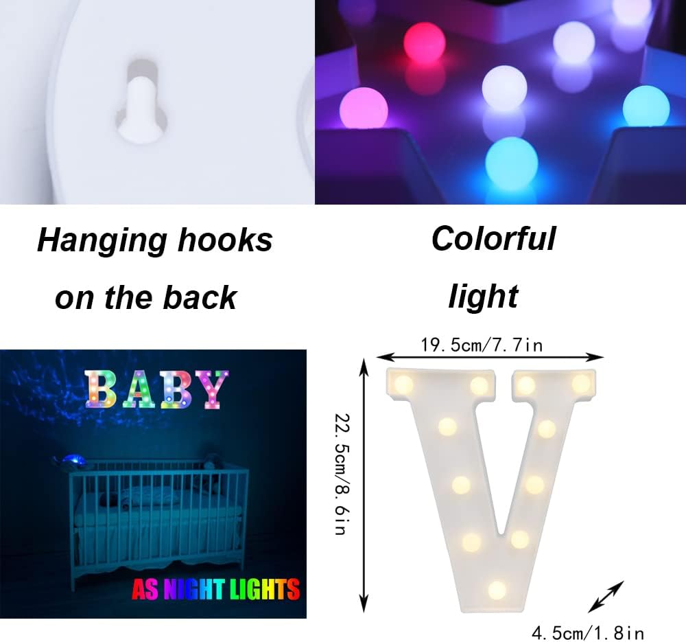Light Up Colorful LED Marquee Letter lights, 18 Colors Changing Alphabet Letters Sign with Remote Timer for Night Light Girls Bedroom Wedding Birthday Party Lamp Christmas Home Bar Decor- Colorful V