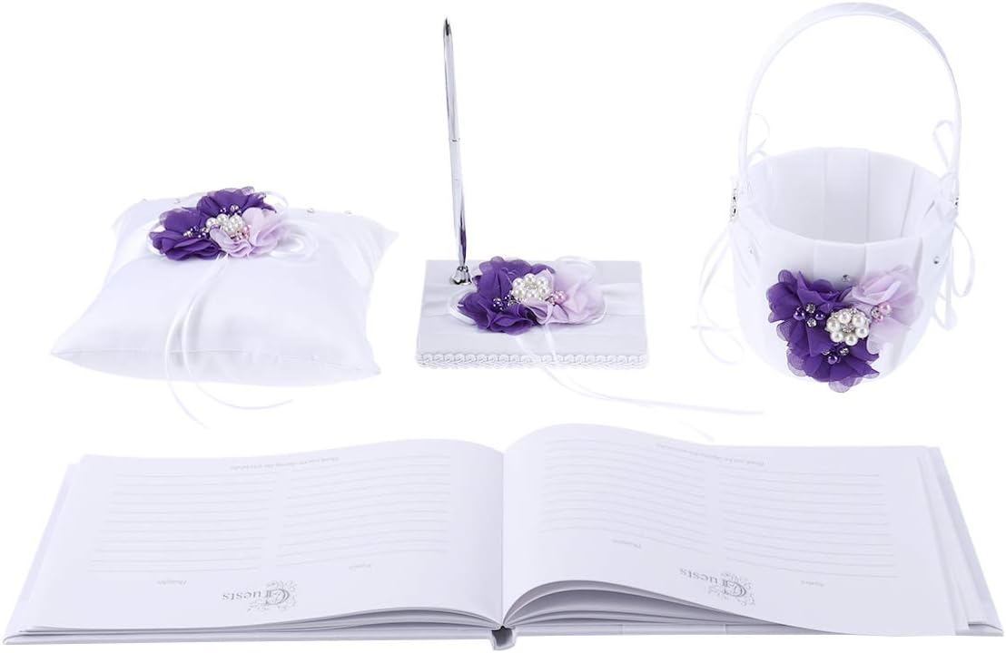 Toyvian 4pcs /Set Ring Bearer Pillow with Pearl Bowknot Flower Girl Basket Wedding Guest Book Table Pen with Pen Holder for Wedding Party Decoration Supplies (Purple Flower)