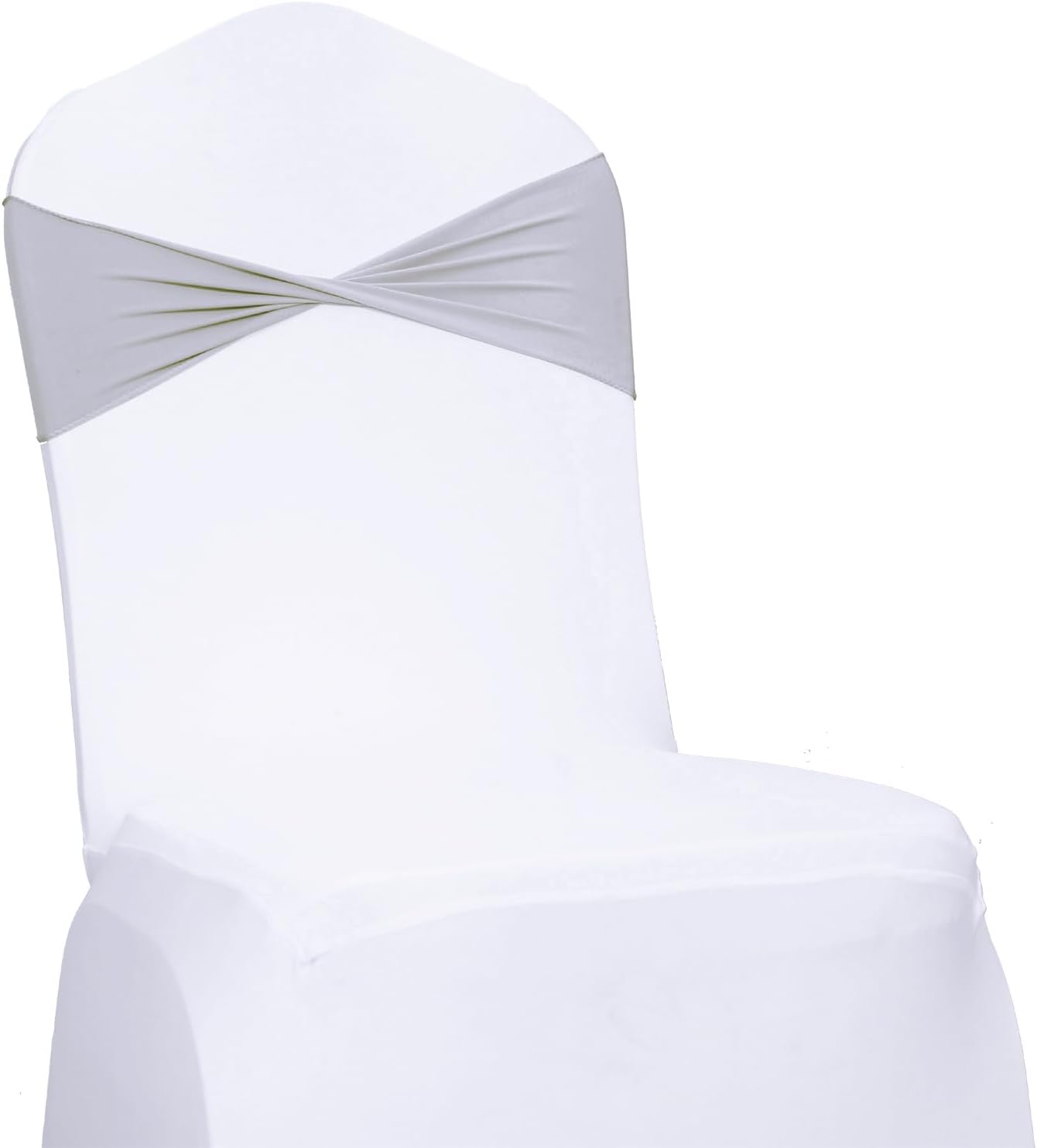 MDS Pack of 150 Spandex Chair Sashes Bows Elastic Stretch Dining Chair Bands Ties Without Slider Buckle Universal fits for Wedding Baby Shower Birthday Party Banquet Event Decoration - Light Silver