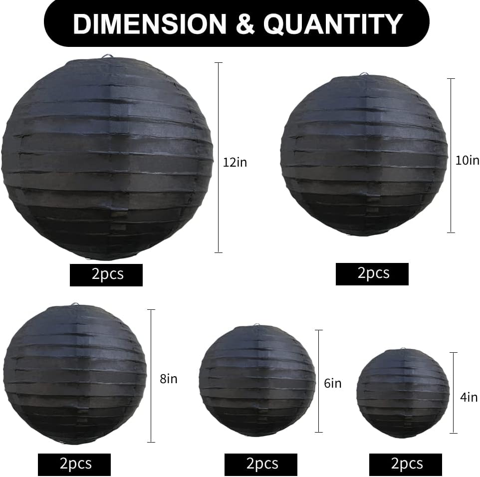 BEISHIDA Black Round Paper Lanterns Decorative Hanging Asia Chinese Japanese Paper Lanterns Lamp for Birthday Wedding Halloween Home Decor Party Decoration（10 Packs）