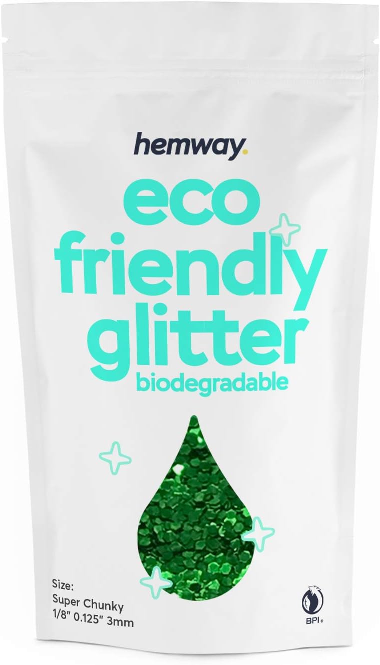 Hemway Eco Friendly Biodegradable Glitter 100g / 3.5oz Bio Cosmetic Safe Sparkle Vegan For Face, Eyeshadow, Body, Hair, Nail And Festival Makeup, Craft - Super Chunky (1/8" 0.125" 3mm) - Emerald Green
