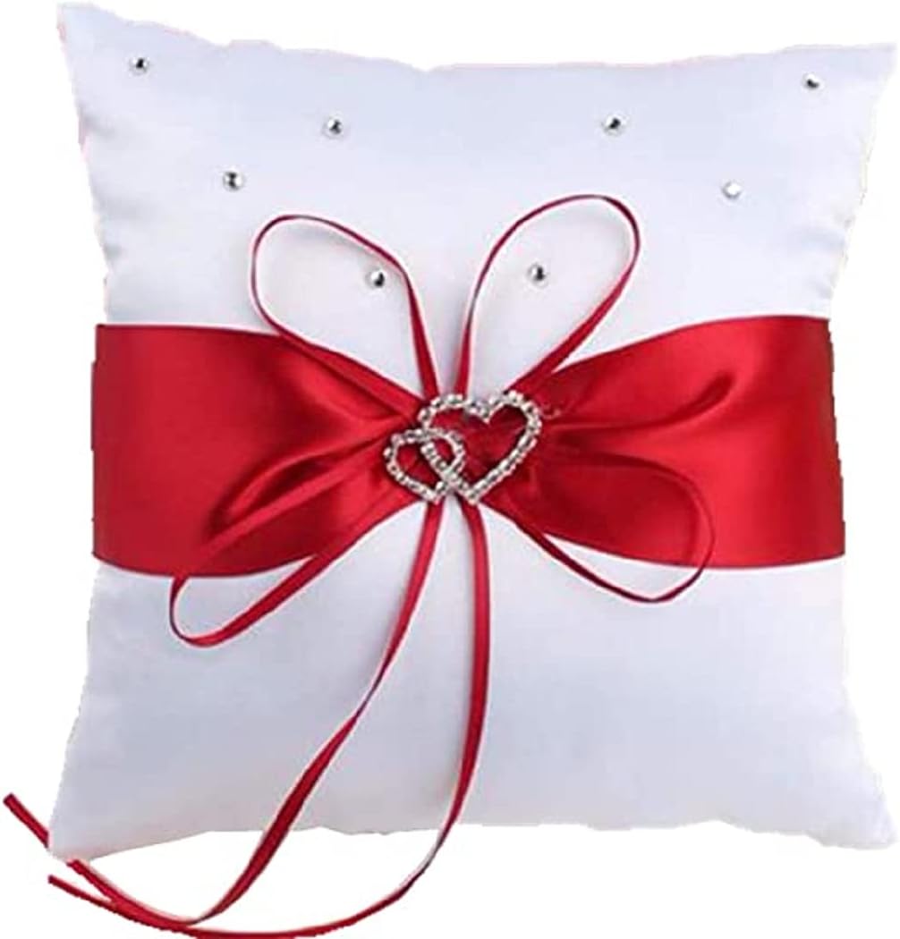 The Crafty Owl 2 Heart Rhinestones Ivory/White/Blue Trimming/Red Trimming Satin Large Wedding Ring Bearer Pillow and Basket Set (White with Red Trimming)
