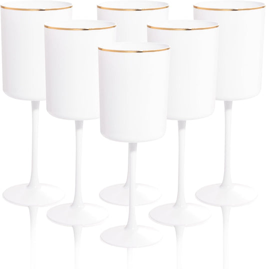 Ciaell 12 Pack White Plastic Wine Glasses with Stem - 10 Oz White and Gold Disposable Wine Glasses for Parties & Weddings & Poolside & Toasting & Outdoors & Graduation