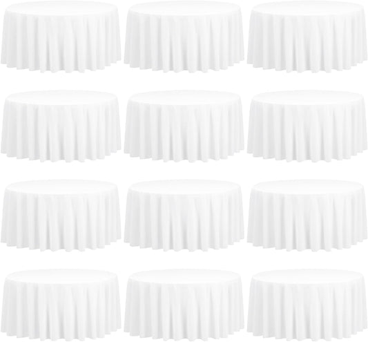12 Pack 120 Inch Round Tablecloth, White Polyester Fabric Table Cloth for Round Table, Washable Tablecover for Wedding Party Dining Buffet Banquet Restaurant and Camping