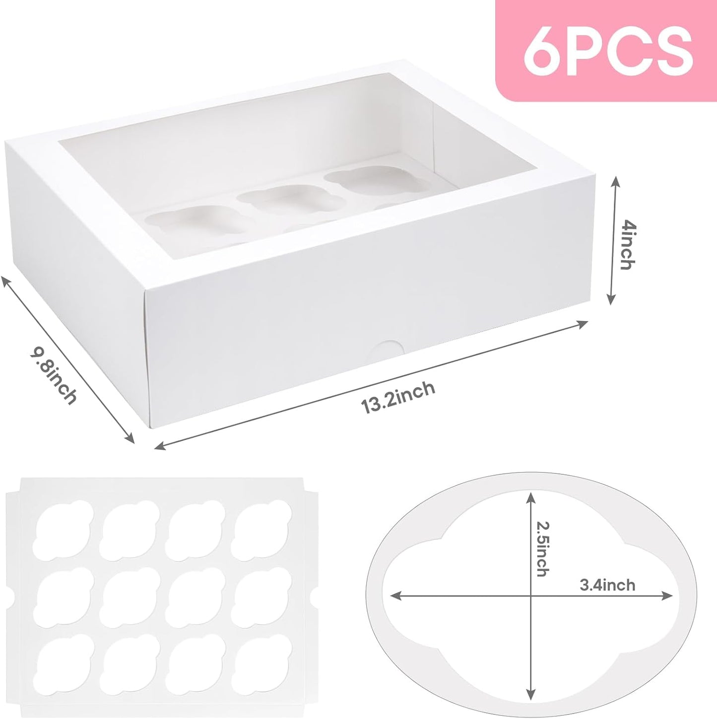 VGOODALL 12 Count Cupcake Boxes, 6PCS Cupcake Container with Window Boxes Holding 72 Pastry Box for Birthday Holiday Party Bakery Supplies 13.2"x9.8"x4"