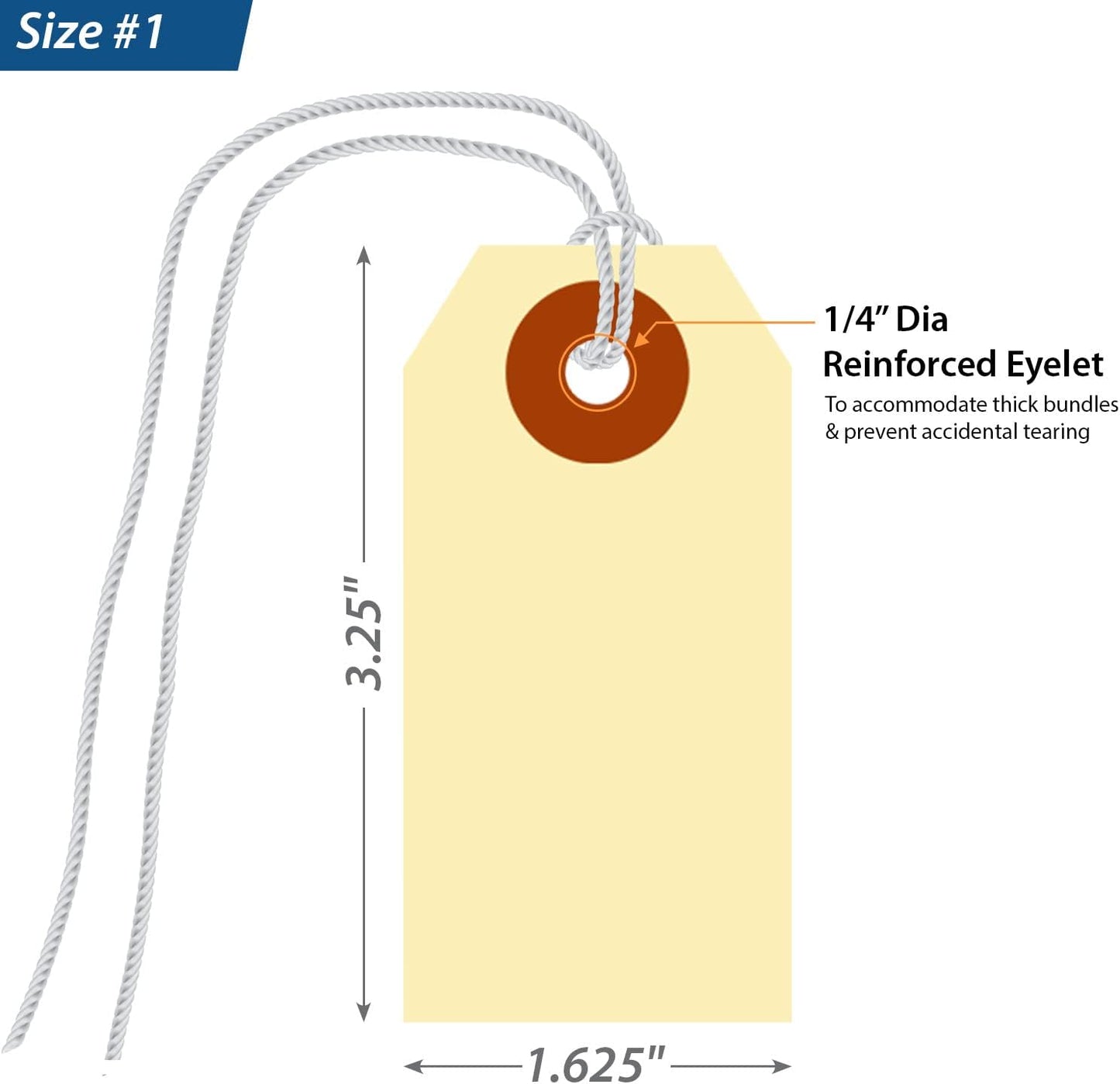 SmartSign Blank Shipping Tags with Pre-Attached Loop Strings, Size-1, Pack of 1000, 10pt Thick Manila Cardstock Tag, 1.375" x 2.75" Paper Hang Tags with Reinforced Fiber Patch