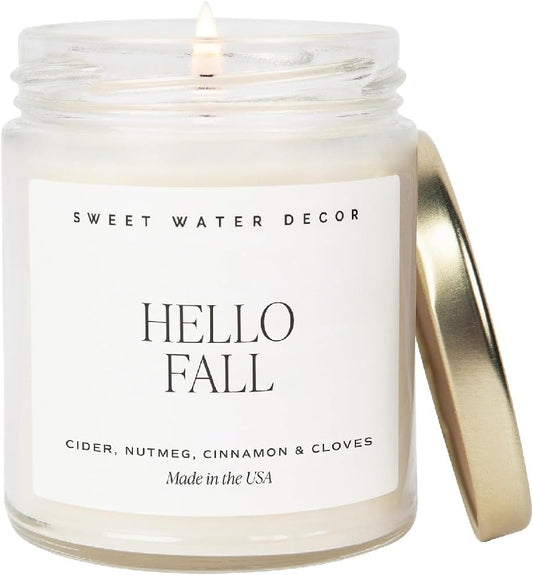 Sweet Water Decor Hello Fall Candle | Cinnamon, Apples, and Clove Autumn Scented Soy Candles for Home | Halloween Fall Candle 9oz Clear Jar, 40 Hour Burn Time, Made in The USA