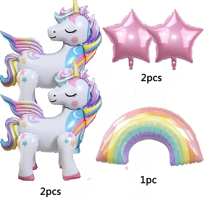 DUILE 5 Pcs Self Standing Unicorn Balloons - 3D Rainbow and Star Foil Balloons for Birthday Party