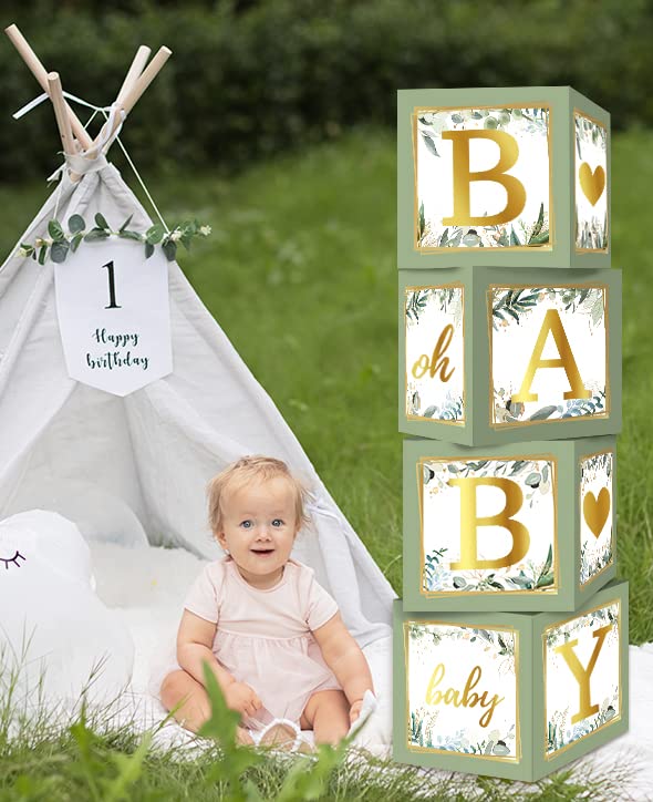 RUBFAC Baby Shower Boxes with Letters, 4pcs Sage Green Baby Shower Decorations for Boy Girl Balloon