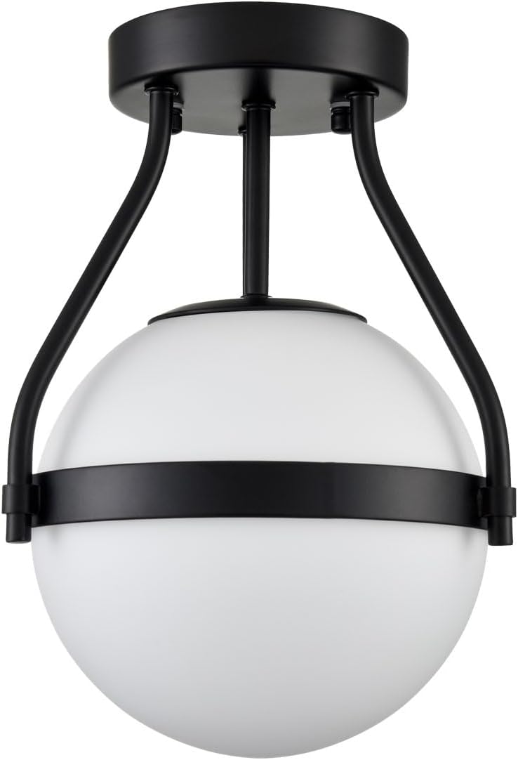 HOLKIRT Modern Globe Semi Flush Mount Ceiling Light,Black Ceiling Light Fixture with Opal Glass 7Inch/18CM,Mid Century Kitchen Light Fixtures Hallway Light Fixtures Ceiling for Bedroom Kitchen