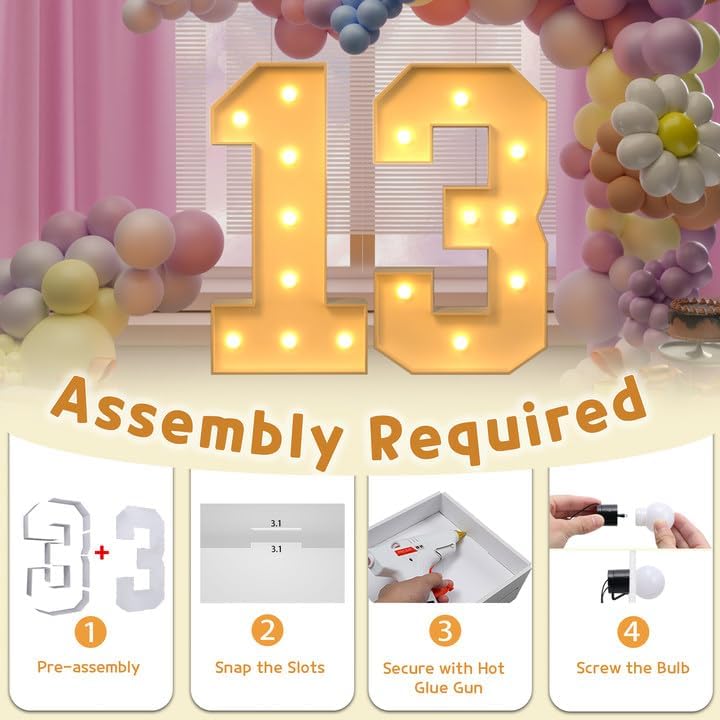Imprsv 3FT Light Up Numbers, Marquee 13th Birthday Decorations for Girls Boys, Large Light Up 13th Birthday Women Foam Board Anniversary Party Decorations Arch Kit (DIY)