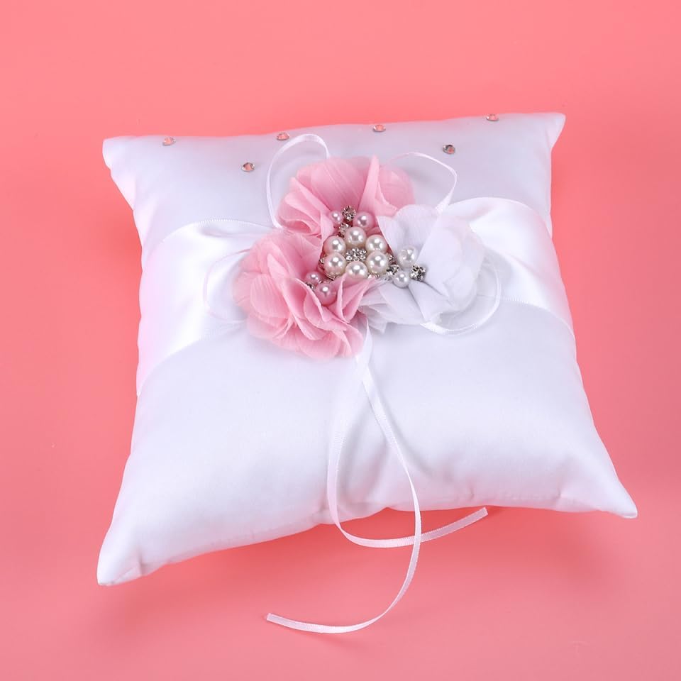 PRETYZOOM 2Pcs Pink Ring Bearer Pillow Set - Satin & Ribbon Decorative Wedding Ring Holder with Flower Design for Ceremony