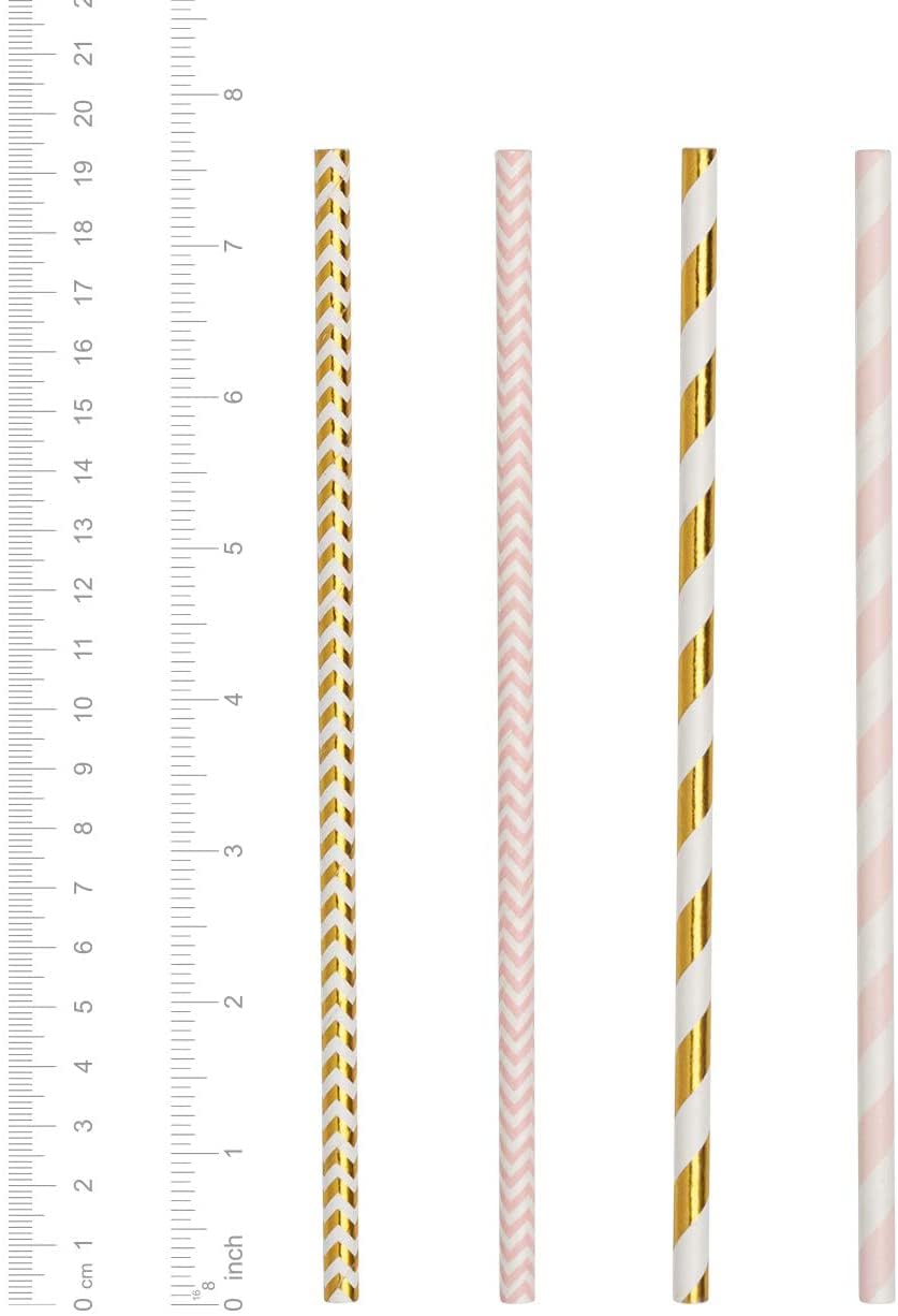 GUSTO [200 Pack] light Pink & Gold Paper Straws Disposable, 100% Biodegradable Multi-Pattern Party