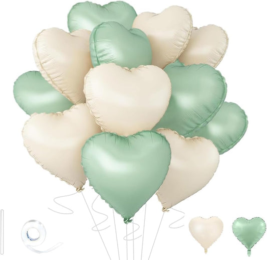 Baby White Heart Balloons，18 Inch Light Green Helium Foil Love Heart Shaped Balloons for Anniversary Wedding Engagement Birthday Party Baby Shower Valentines Decorations(12Pcs)