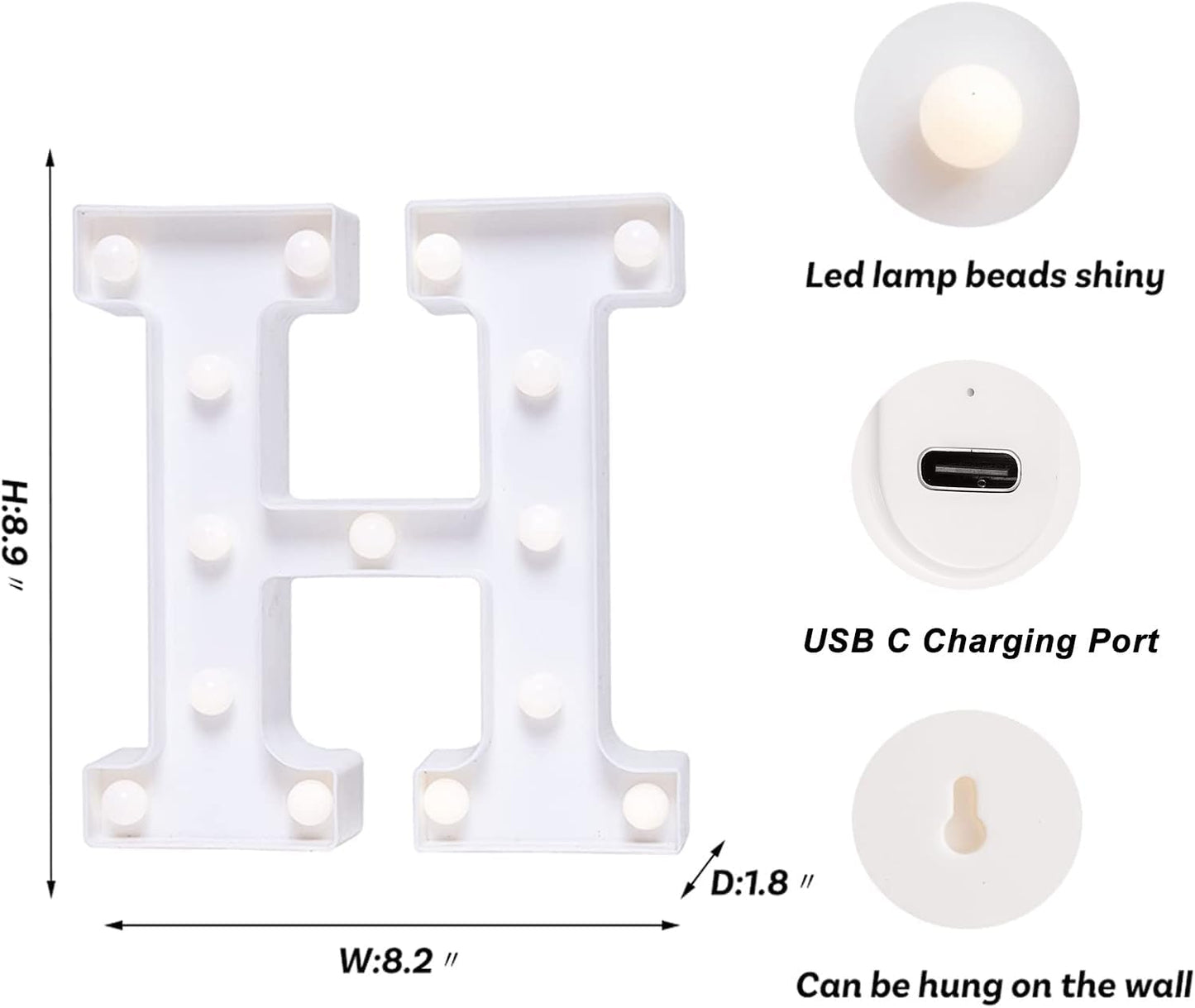 Foaky Rechargeable LED Letter Lights Sign Marquee Light Up Letters Sign for Night Light Wedding/Birthday Party Christmas Lamp Home Bar Decoration (H)