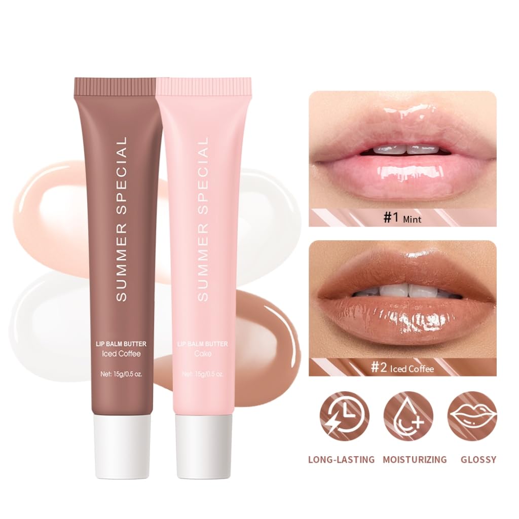 Summer Hydrating Lip Butter Balm Set - Ultra-Nourishing with Shea & Olive Butter，Soothes & Repairs Dry Lips, Non-Sticky Long-Lasting Moisture(Lced coffee&Cake,Pack of 2)