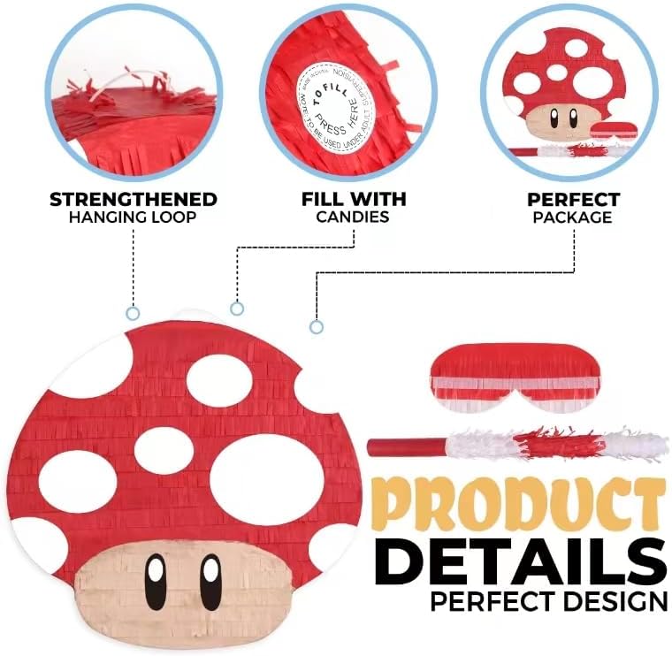 Mushroom Pinatas Bundle with a Blindfold and a Bat(16.5 x 12 x 3.5 Inches), Perfect for kid's Birthday Parties, Mexican Theme Parties, Decorations