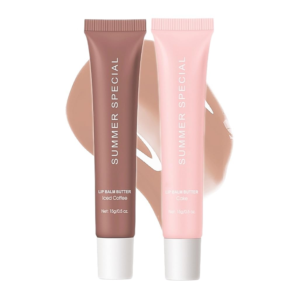 Summer Hydrating Lip Butter Balm Set - Ultra-Nourishing with Shea & Olive Butter，Soothes & Repairs Dry Lips, Non-Sticky Long-Lasting Moisture(Lced coffee&Cake,Pack of 2)