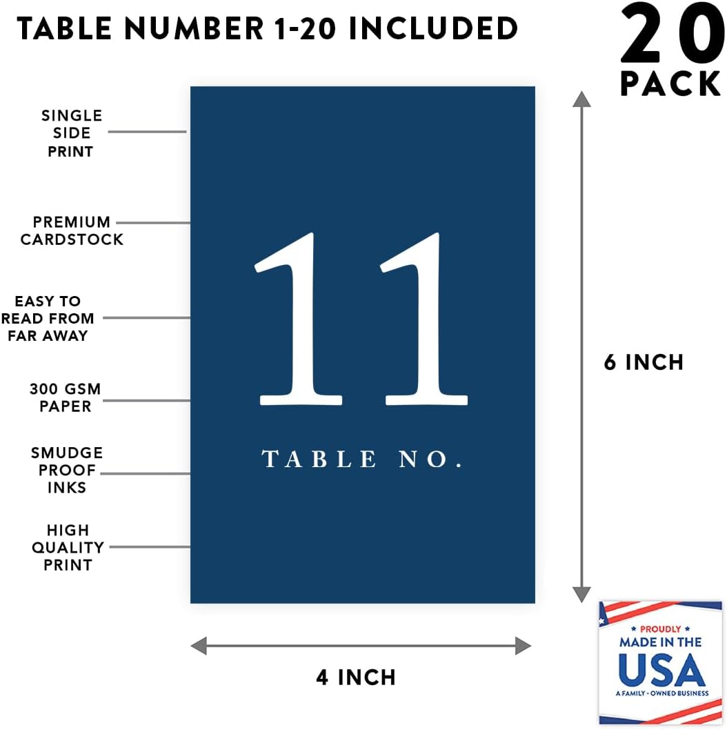 Andaz Press Table Numbers 1-20 On Perforated Paper, Navy Blue, 4X6-Inch Single Sided Sign, 1-Set, Graduation Table Numbers For Wedding Reception Blue Numbers