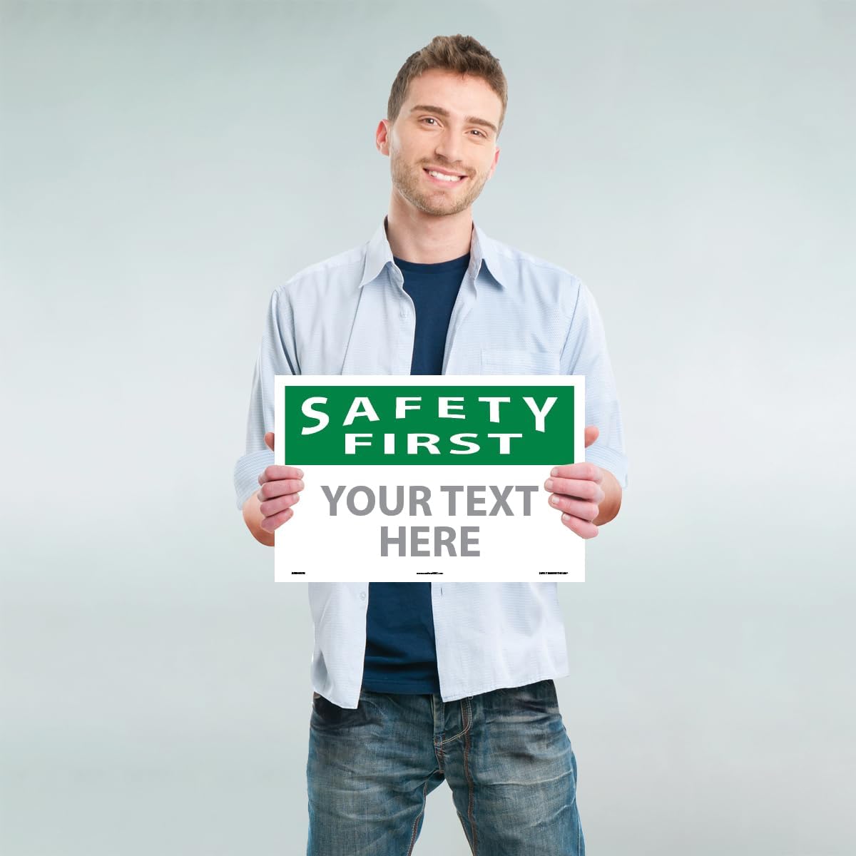 Custom OSHA Style Safety First Sign 12" x 18" Adhesive Vinyl Sign, Customizable "Your Text Here", by AccuformNMC Made in USA