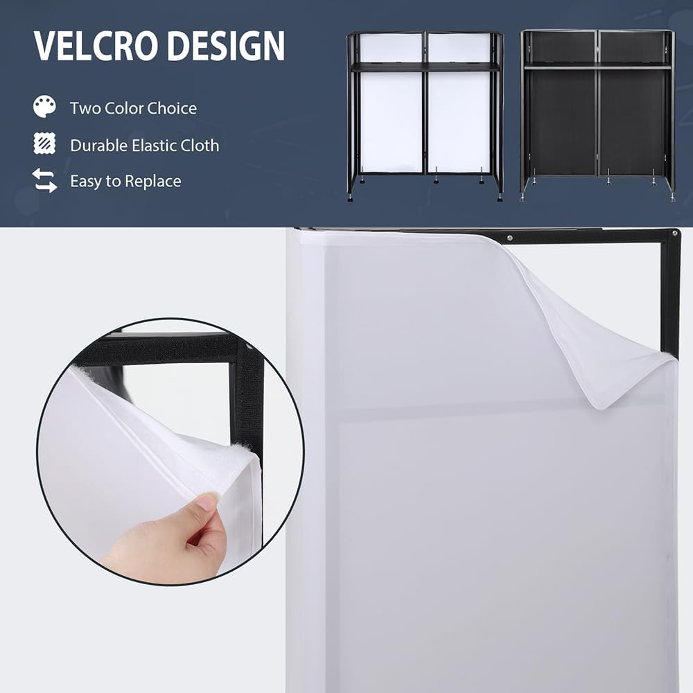 LUCKUP DJ Facade Booth 41"L x 20"W Portable DJ Facade with White & Black Scrim, Foldable DJ Table Station with LED Strips for Party, Black Metal Frame
