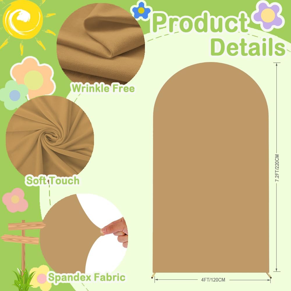 Brown Arch Cover Khaki Wedding-Arch-Cover 7.2ft Tan Arched Stand Covers Round Top Chiara Backdrop Covers Dounble Sided Arches Backdrop for Baby Shower Gender Reveal Party Ceremony