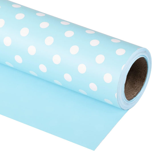 WRAPAHOLIC Reversible Wrapping Paper - Mini Roll - 17 Inch X 33 Feet - Baby Blue and Polka Dot Design for Birthday, Holiday, Wedding, Baby Shower