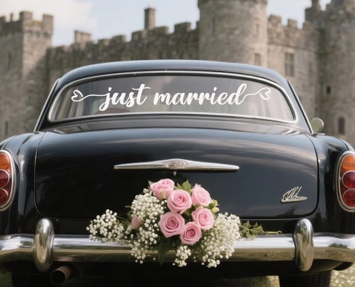 Just Married Vinyl Decal – White Wedding Car Sticker, 28 x 3.8 inch, Just Married Car Window Decal for Newlyweds, Waterproof Wedding Decoration for Rear Windshield or Bumper.